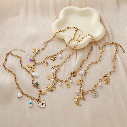 Vintage 304 Stainless Steel Resin Bees Sun Moon Heart Multi Pendant Necklaces for Women, Golden
