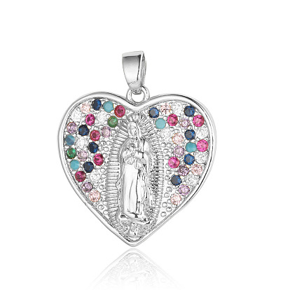 Brass Micro Pave Colorful Cubic Zirconia Pendants, Heart with Virgin Mary Charms
