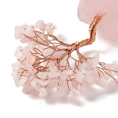 Décoration d'affichage d'arbre de pierres précieuses naturelles, ornement feng shui à base de quartz rose naturel pour la richesse, chance, fils de laiton doré rose enveloppés