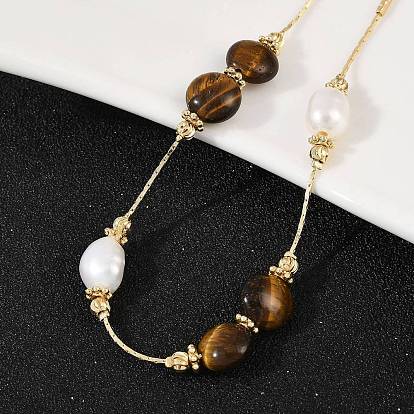 Браслеты из латунных бусин из натурального пресноводного жемчуга для женщин, с натуральным тигровый глаз