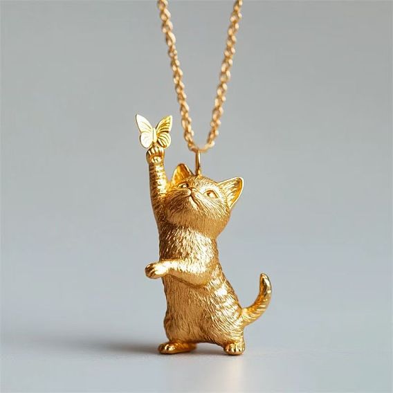 Alloy Cat with Butterfly Pendant Necklaces for Women