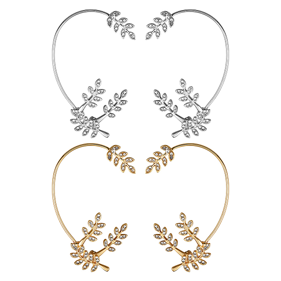 4 шт. 4 стили серьги-манжеты из сплава листьев со стразами, с высоким чувством изгиба