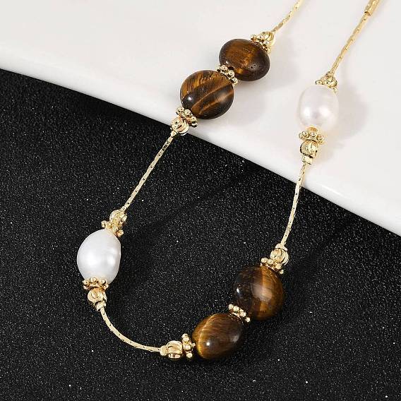 Браслеты из латунных бусин из натурального пресноводного жемчуга для женщин, с натуральным тигровый глаз