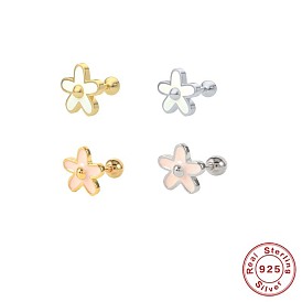 925 Silver Enamel Flower Pierced Earrings - Threaded Bone Studs, Oil Drop Color.