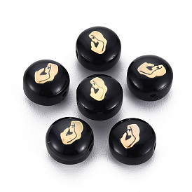 Handmade Lampwork Beads, with Golden Plated Brass Etched Metal Embellishments, Flat Round with Woman