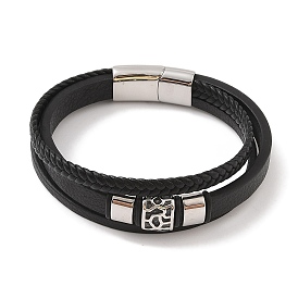 Braided Microfiber Leather Multi-strand Bracelets, 304 Stainless Steel Rectangle Bracelets for Men