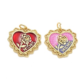 Латунные эмалевые подвески ко дню матери, Подвески в виде сердечек с узором из роз, без кадмия и без свинца, долговечный, стойки покрытие, реальный 18 k позолоченный