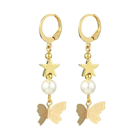 Shell Pearl & Brass Leverback Earrings, with 304 Stainless Steel Earring Hooks, Butterfly