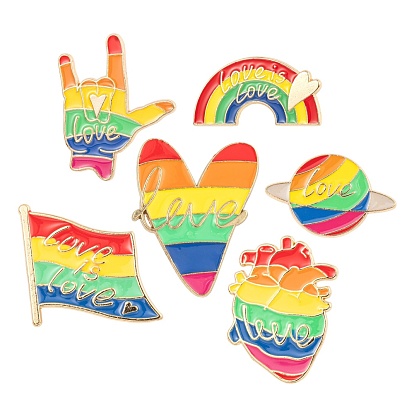 6Pcs 6 Style Creative Zinc Alloy Brooches, Enamel Pin, with Iron Butterfly Clutches or Rubber Clutches, Rainbow, Planet & Flag & Heart & Rainbow & Gesture
