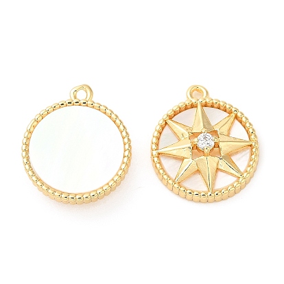 Brass Micro Pave Cubic Zirconia Charms, with Natural Shell, Flat Round with Star