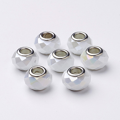 Стеклянные шампала бусины, бусины с большим отверстием, имитация нефрита, с латунной двойных ядер, граненые, рондель, 14x9.5 мм, отверстие : 5 мм