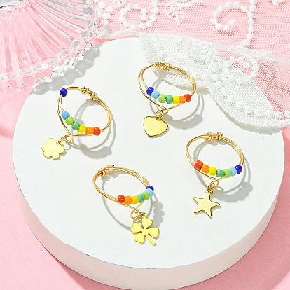 4Pcs 4 Styles Rainbow Color Glass Seed Braided Bead Finger Rings Set with Charms, Copper Wire Wrapped Rings, Star & Clover & Flower & Heart