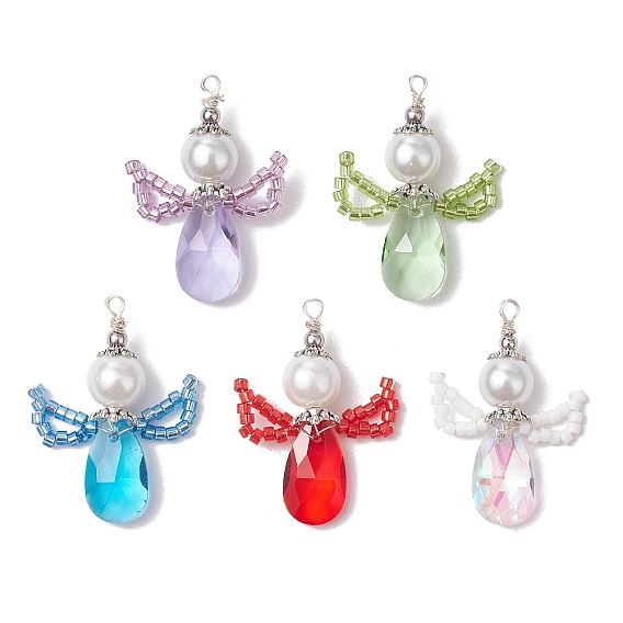 Стеклянные подвески, ангельские прелести, со стеклянной жемчужной бусиной и 304 шовными бусинами из нержавеющей стали и петлей, граненые
