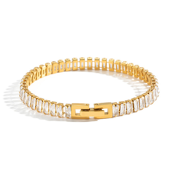 304 Bracelet de tennis rectangulaire en acier inoxydable pavé transparent avec zircon cubique pour femme
