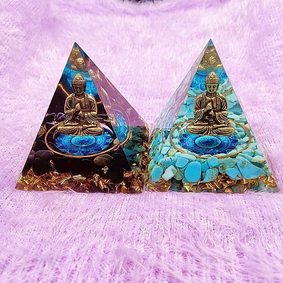 Orgonite Pyramid Resin Display Decorations, with Natural & Synthetic Gemstone Chips and Buddha Inside, for Home Office Desk