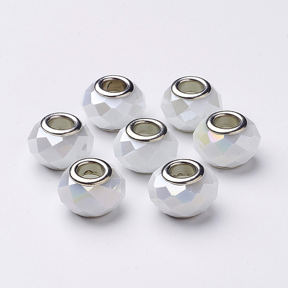 Стеклянные шампала бусины, бусины с большим отверстием, имитация нефрита, с латунной двойных ядер, граненые, рондель, 14x9.5 мм, отверстие : 5 мм