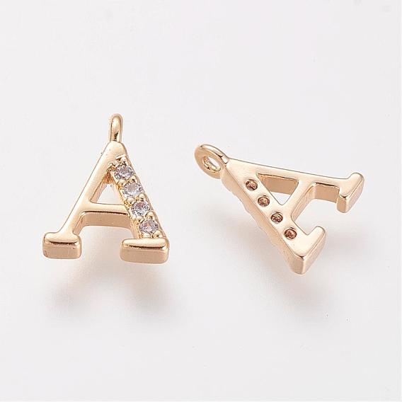 Brass Cubic Zirconia Charms, Nickel Free, Real 18K Gold Plated, Letter