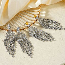 Fashionable Shiny Tassel Stud Earrings with Diamonds and Fan Shape