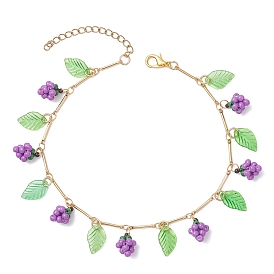 Браслеты на ногу из латуни с кисточками из акриловых листьев и стеклянных бусин в виде винограда для женщин, золотые