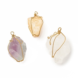 Rough Raw Natural Gemstone Pendants, with Golden Tone Brass Wire Wrapped, Nuggets