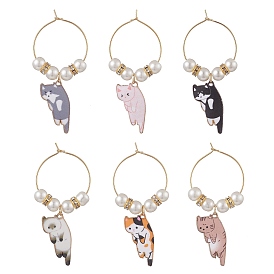 Alloy Enamel Wine Glass Charms, with Glass Seed Beads and Brass 
Hoops, Cat