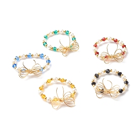Imitate Austrian Crystal Bicone Glass Beaded Finger Rings, with Round Shell Pearl Beads and 304 Stainless Steel Round Beads, Eco-Friendly Copper Wire, Bowknot, Golden