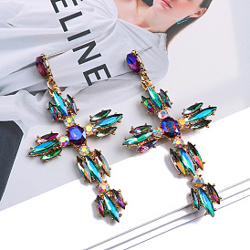 Geometric Crystal Cross Pendant Earrings - Unique Casual Sporty Jewelry Set