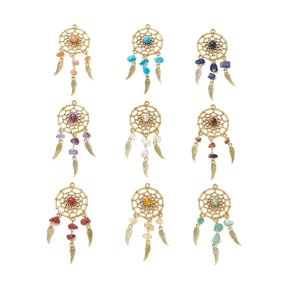 9 шт. 9 стили смешанные щебень сплав камня плетеная паутина/сетка с перьями большие подвески, античное золото , смешанные окрашенные и неокрашенные