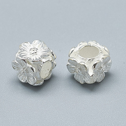 925 Sterling Silver European Beads, Large Hole Beads, Cube with Flower