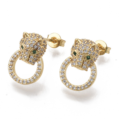 Brass Micro Pave Cubic Zirconia Stud Earrings, Door Knocker Earrings, with Earring Backs, Nickel Free, Leopard