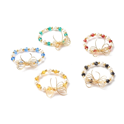 Imitate Austrian Crystal Bicone Glass Beaded Finger Rings, with Round Shell Pearl Beads and 304 Stainless Steel Round Beads, Eco-Friendly Copper Wire, Bowknot, Golden