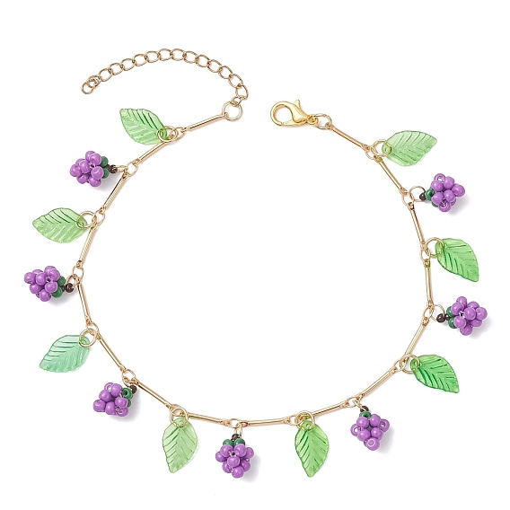 Браслеты на ногу из латуни с кисточками из акриловых листьев и стеклянных бусин в виде винограда для женщин, золотые