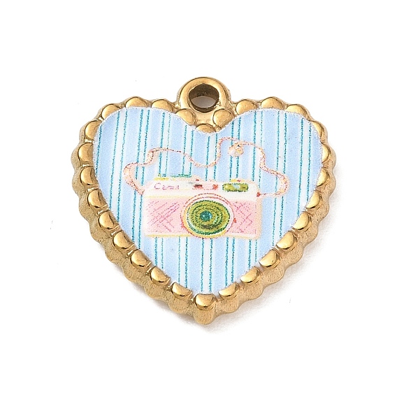 Printed 304 Stainless Steel Pendants, Heart with Camera Charms, Golden