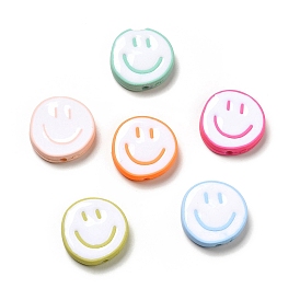 Opaque Acrylic Beads, with Enamel, Flat Round with Smiling Face