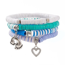 4Pcs 4 Styles Polymer Clay Heishi Beads Stretch Bracelets Sets, Stackable Bracelets, with Alloy European Beads and Pendants, Foot & Heart, Antique Silver