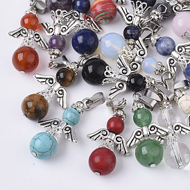 Gemstone Pendants, with Alloy Findings, Rhinestone and Stainless Steel Snap on Bails, Angel, Antique Silver