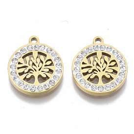 201 Stainless Steel Pendants, with Polymer Clay Crystal Rhinestone, Flat Round with Tree of Life