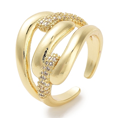Rack Plating Brass Pave Clear Cubic Zirconia Open Cuff Rings, Cadmium Free & Lead Free, Long-Lasting Plated