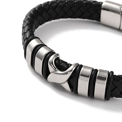 Men's Braided Black PU Leather Cord Bracelets, Cross 304 Stainless Steel Link Bracelets with Magnetic Clasps