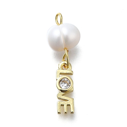 Латунные микро проложить кубического циркония подвески, Слово любовь, стойки покрытие, долговечный, с натуральной жемчужиной, без кадмия и без свинца