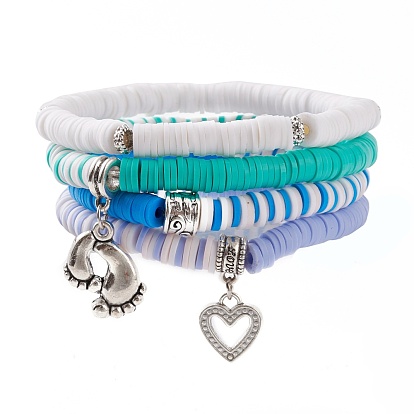 4Pcs 4 Styles Polymer Clay Heishi Beads Stretch Bracelets Sets, Stackable Bracelets, with Alloy European Beads and Pendants, Foot & Heart, Antique Silver