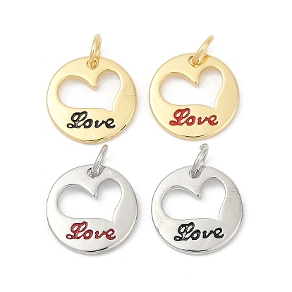 Латунь эмаль прелести, с целью перехода в кольце, плоские круглые подвески с сердцем и надписью «любовь», долговечный, без свинца и без кадмия, стойки покрытие