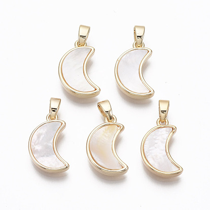 Brass Pendants, with Freshwater Shell, Nickel Free, Real 18k Gold Plated, Moon