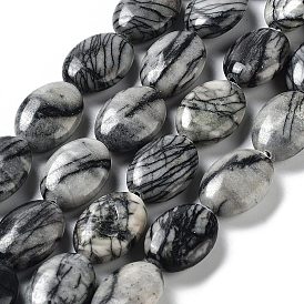 Natural Black Silk Stone/Netstone Beads Strands, Flat Oval