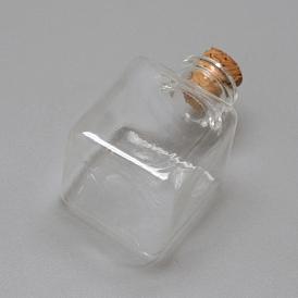 Glass Bottle Bead Containers, with Cork Stopper, Wishing Bottle, Cube