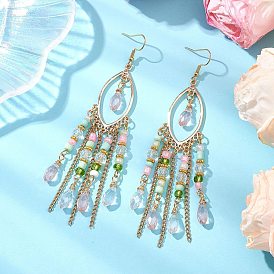 Овальные стеклянные серьги-гвоздики, с 304 крючками для серег из нержавеющей стали и стеклянными бусинами, золотые