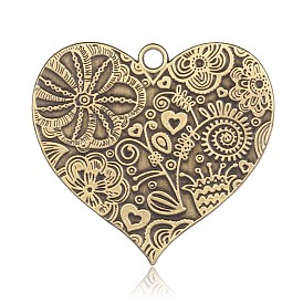 Nickel Free & Lead Free Tibetan Style Alloy Heart Big Pendants, Long-Lasting Plated, with Flower Pattern, 53x58x2mm, Hole: 4mm