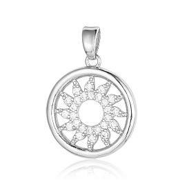 Brass Micro Pave Clear Cubic Zirconia Pendants, Flat Round with Sun Charms