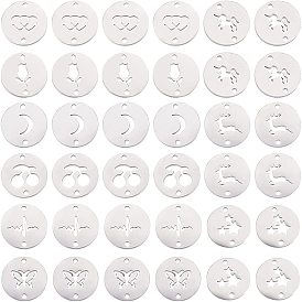 36Pcs 9 Style 304 Stainless Steel Links Connectors, Flat Round with Butterfly & Heartbeat & Star & Deer & Cherry & Unicorn & Rose & Heart & Moon
