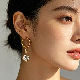 304 Boucles d'oreilles créoles en acier inoxydable serties de zirconiums cubiques, ronde, Boucle d'oreille pour les femmes